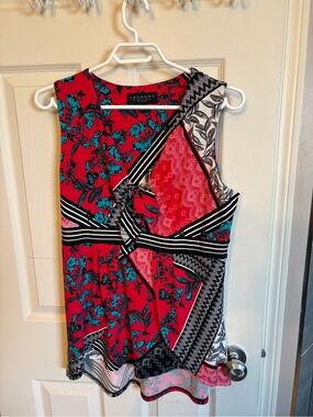 Laundry By Shelli Segal Red Floral & Turquoise Patchwork V-Neck Top